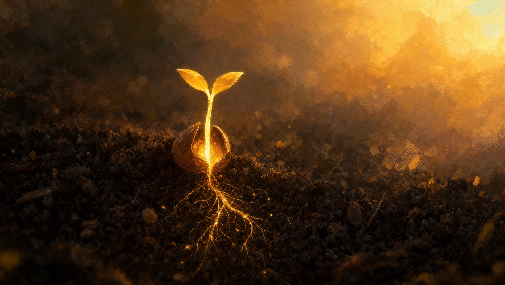 A single golden sprout breaking from a glowing seed, roots spreading into dark soil toward warm light