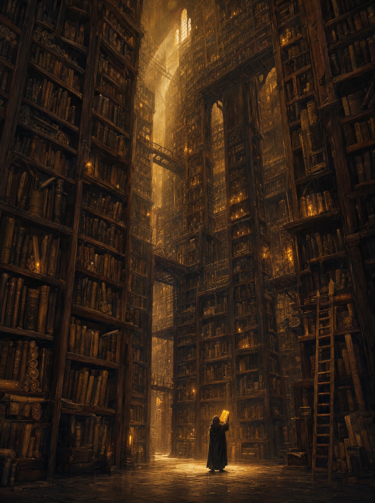 A lone cloaked figure holds up a glowing book at the foot of vast towering library shelves lit by shafts of amber light