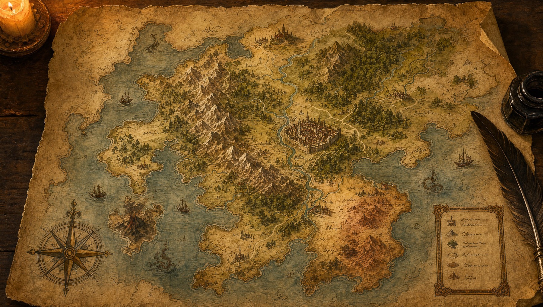 A hand-painted fantasy world map on aged parchment with mountains, coastlines, a walled city, a compass rose and a legend, a quill resting at its edge