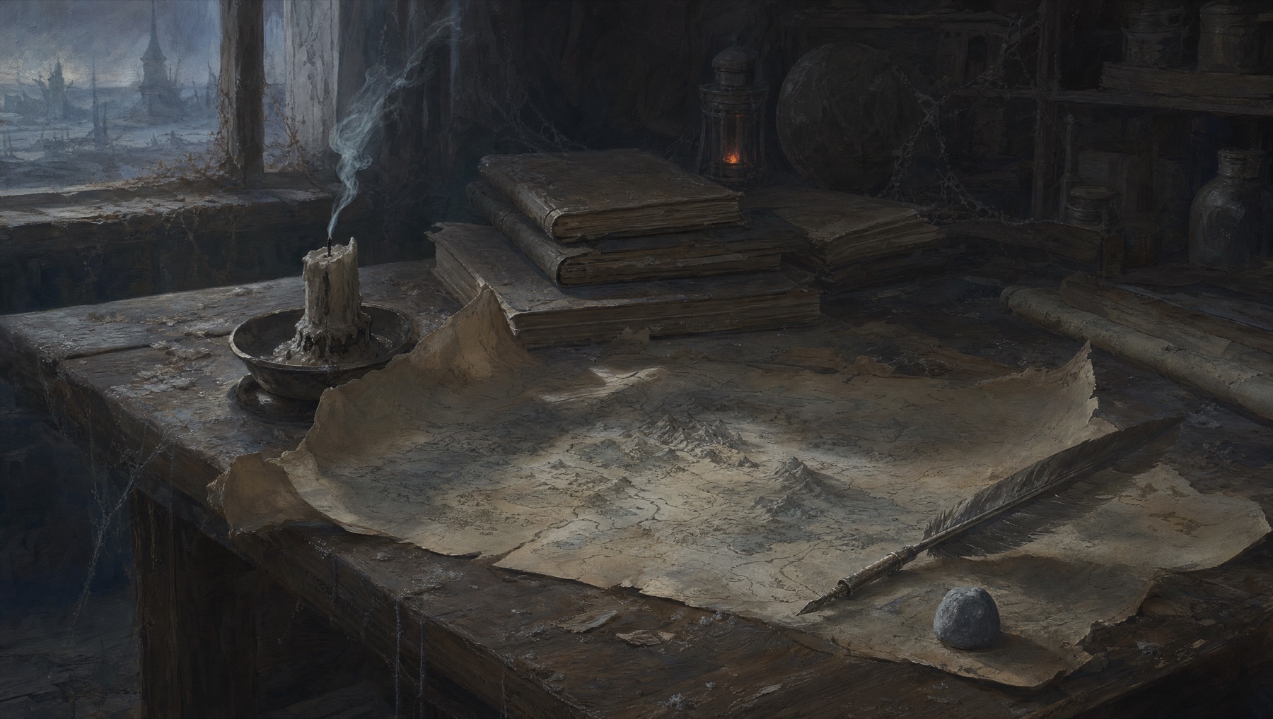 A cold, dim desk with a dead candle, an unfinished map curling at its edges and a dull grey lifeless stone — a worldbuilding project abandoned and gathering dust