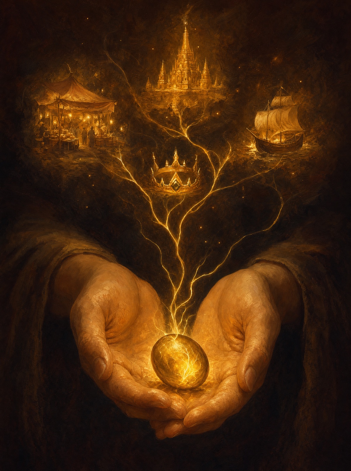 Cupped hands cradle a single glowing seed as threads of light branch out into a market, a temple, a crown and a ship