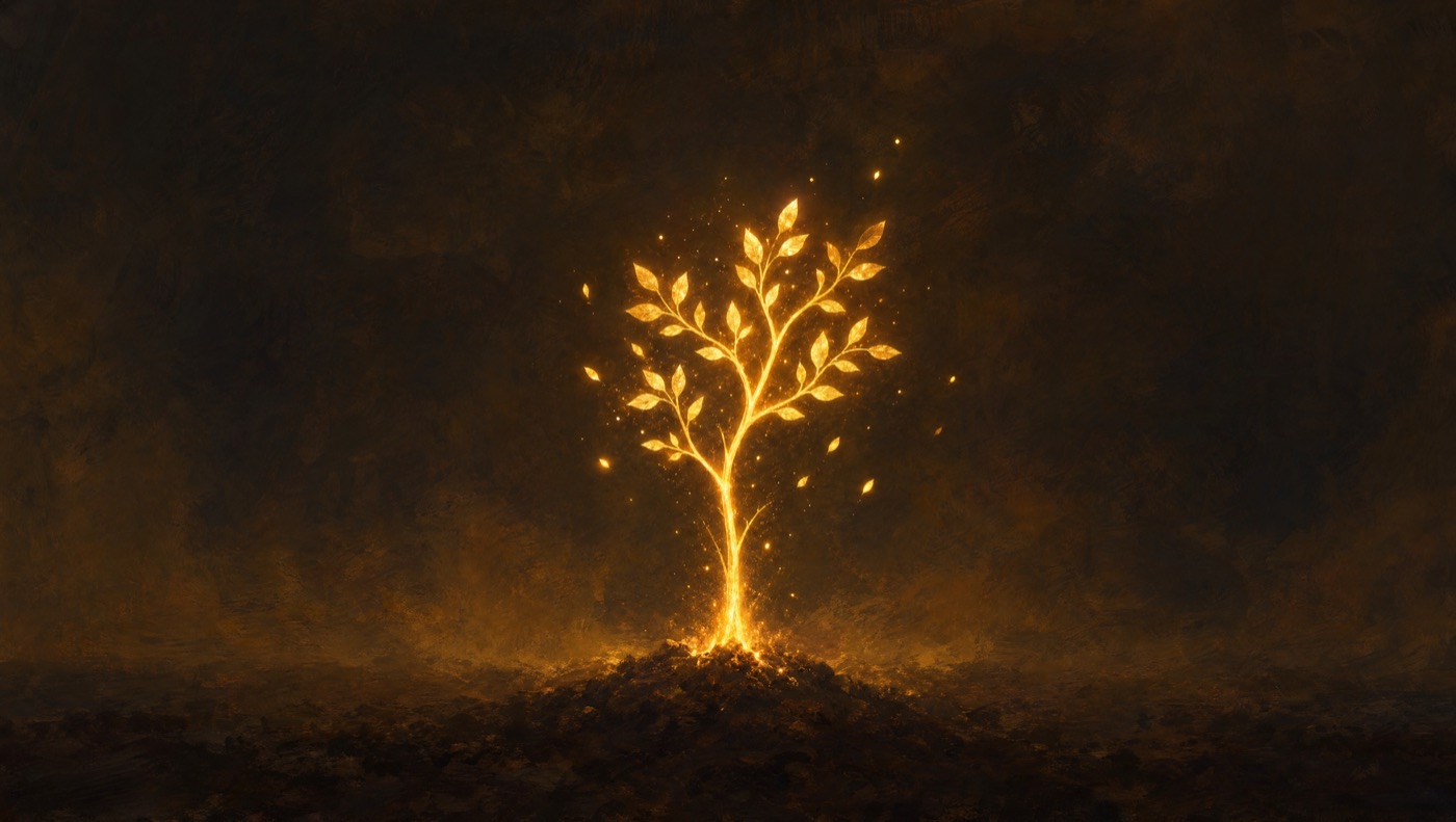 A single sapling of glowing golden light growing from dark soil