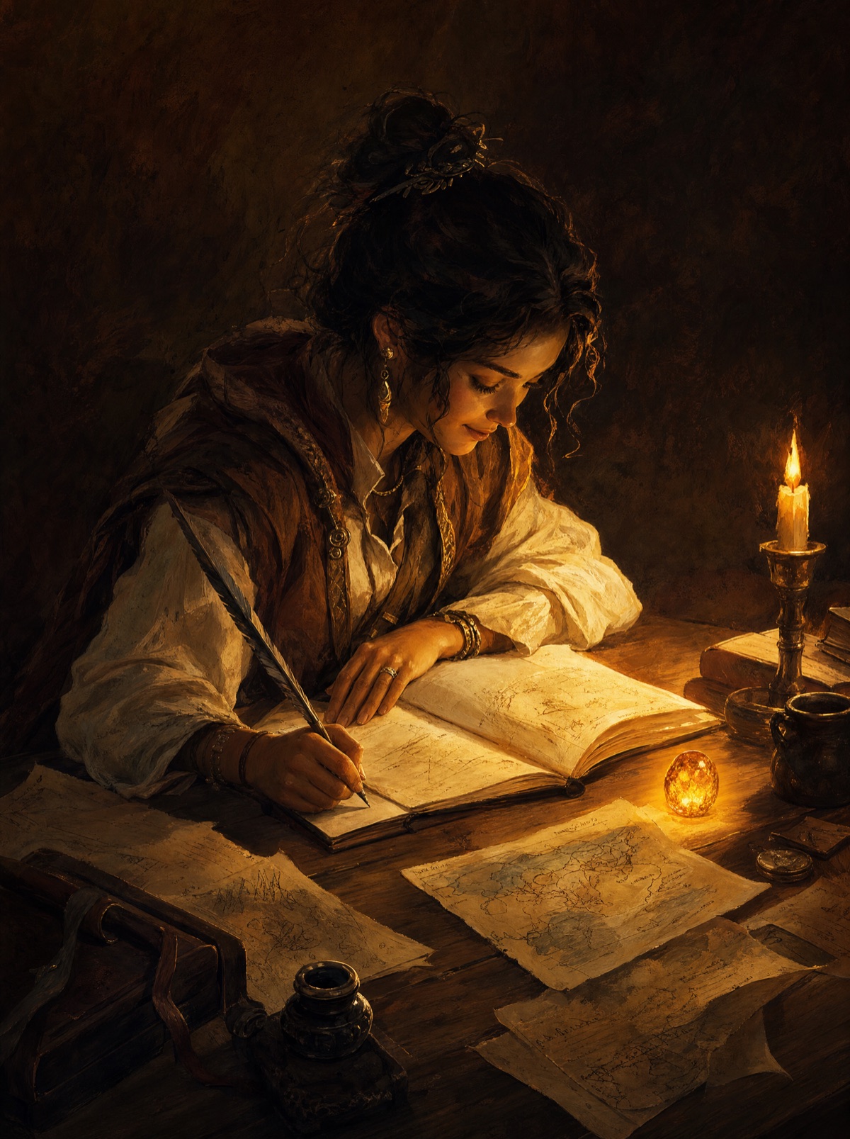 A writer working by candlelight, absorbed and content, surrounded by hand-drawn maps and pages